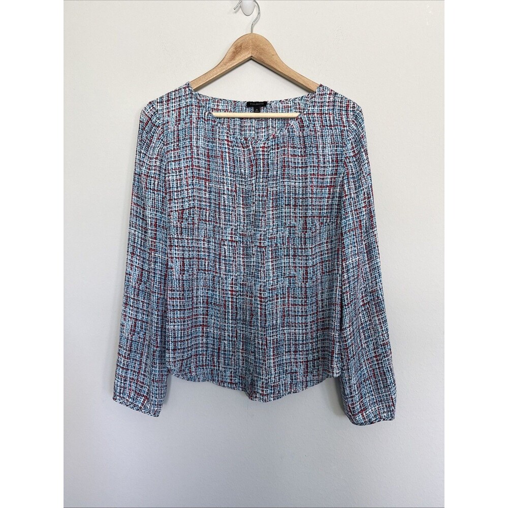 Talbots Geometric Plaid Teal Red Pink Button Up Blouse Shirt Top Size M FX1